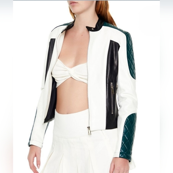 Color-block Vegan Leather Moto Jacket Black White Dark Green LARGE - Picture 1 of 13